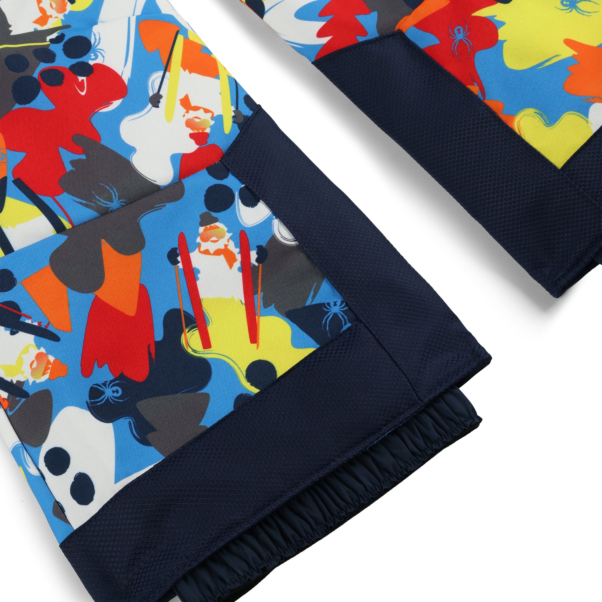 Spyder Boys' Expedition Insulated Bib Pant 2025 - A pair of insulated bib pants with a blue and white pattern featuring various cartoon characters from the movie "Frozen".