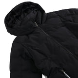 Spyder Girls' Zadie Synthetic Down Jacket - A black down jacket with a hood, featuring silver zippers and a quilted pattern on the back.