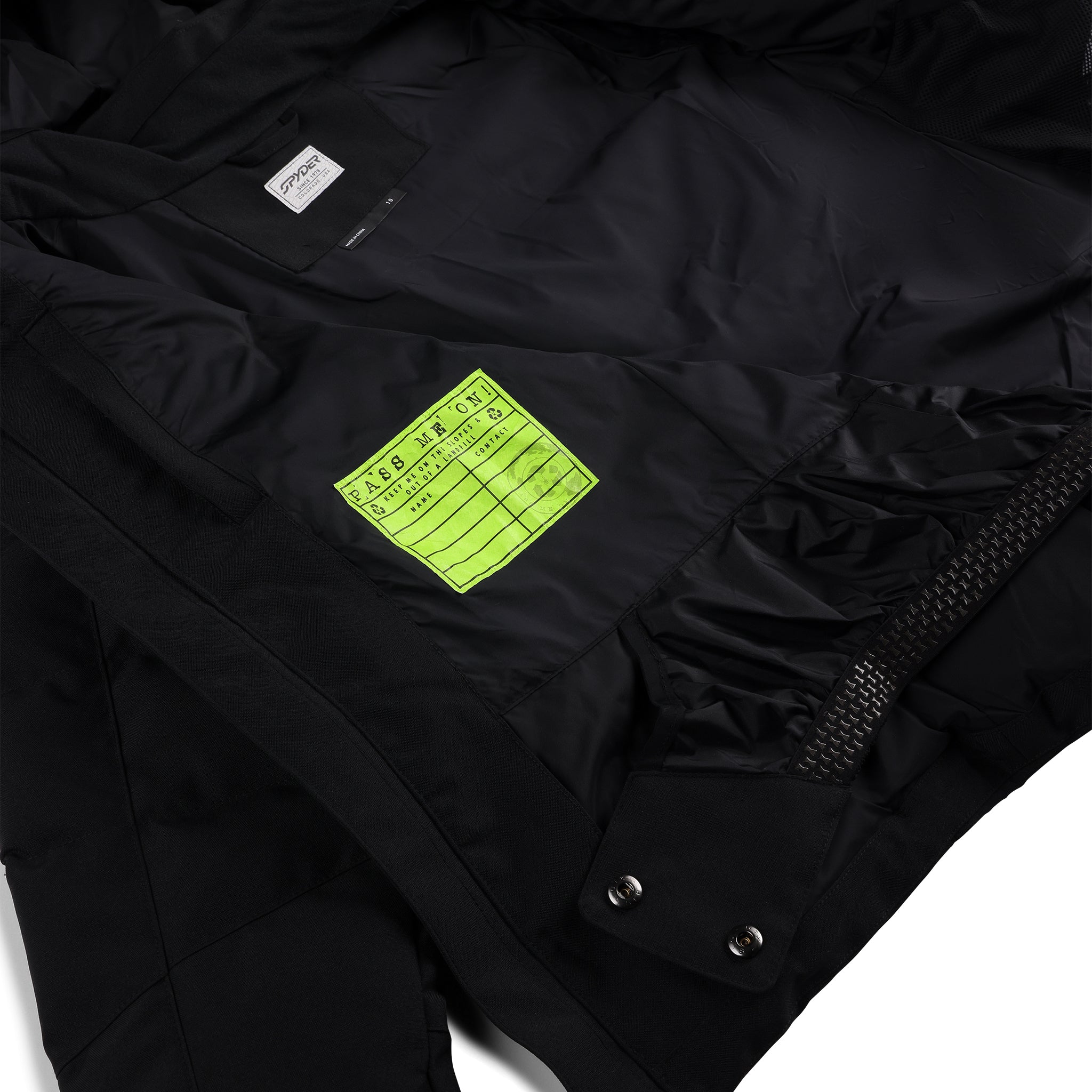 Spyder Girls' Zadie Synthetic Down Jacket 2025 - Black down-filled puffer jacket with white logo on chest and black zipper.