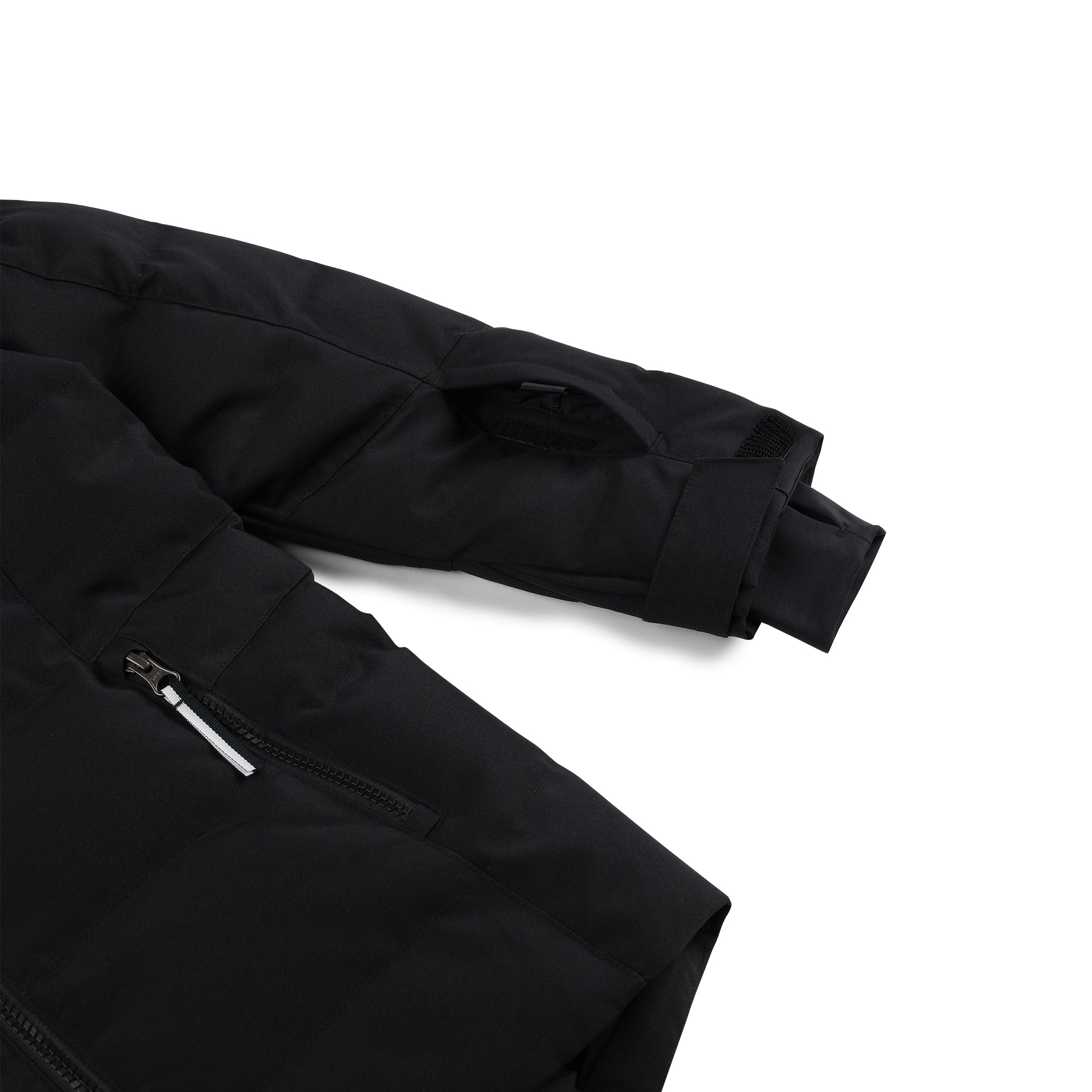 Spyder Girls' Zadie Synthetic Down Jacket - A black down jacket with a zippered chest pocket and two side pockets, featuring a hood and adjustable cuffs.