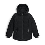 Spyder Girls' Zadie Synthetic Down Jacket 2025 - A black down jacket with a hood, featuring silver zippers and a quilted pattern on the back.
