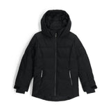 Spyder Girls' Zadie Synthetic Down Jacket 2025 - A black down jacket with a hood, featuring silver zippers and a quilted pattern on the back.
