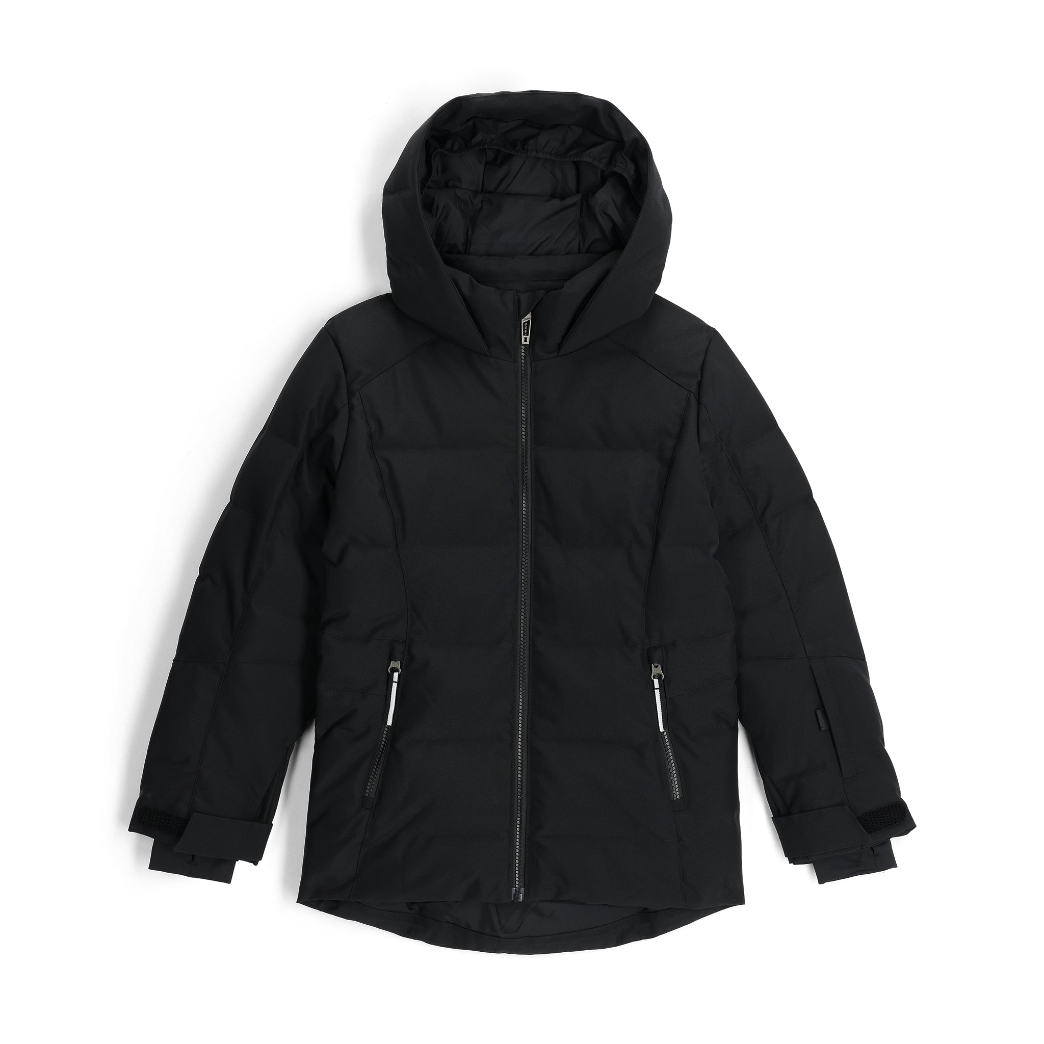 Spyder Girls' Zadie Synthetic Down Jacket 2025 - A black down jacket with a hood, featuring silver zippers and a quilted pattern on the back.