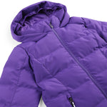 Spyder Girls' Zadie Synthetic Down Jacket - A purple jacket with a hood, featuring a zipper down the front and two pockets on either side.