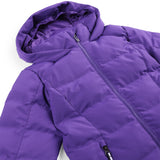 Spyder Girls' Zadie Synthetic Down Jacket - A purple jacket with a hood, featuring a zipper down the front and two pockets on either side.