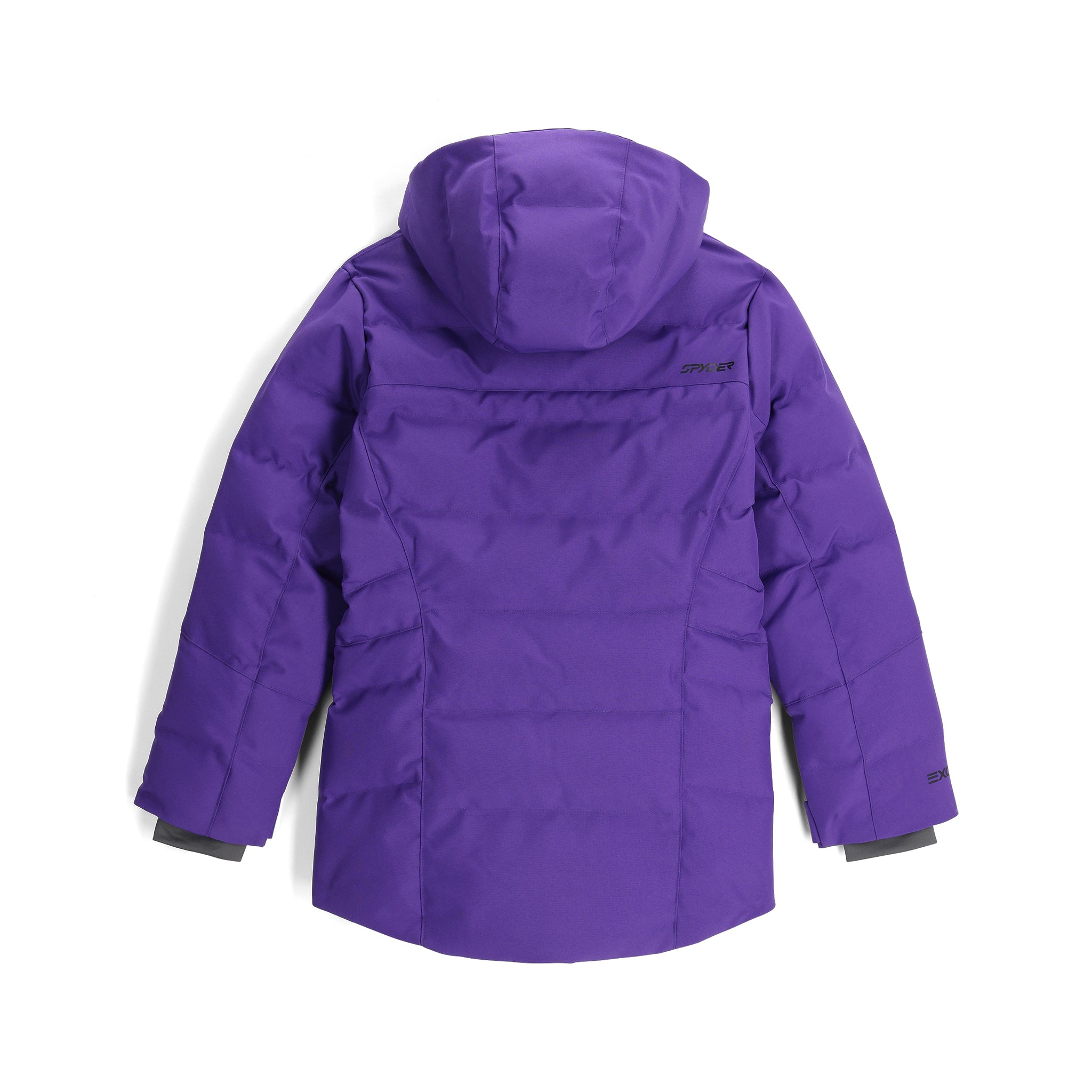 Spyder Girls' Zadie Synthetic Down Jacket 2025 - A purple down jacket with a hood, featuring a zippered front and two pockets on either side.