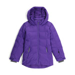 Spyder Girls' Zadie Synthetic Down Jacket 2025 - A purple jacket with a hood, featuring a zipper down the front and two zippered pockets on either side.
