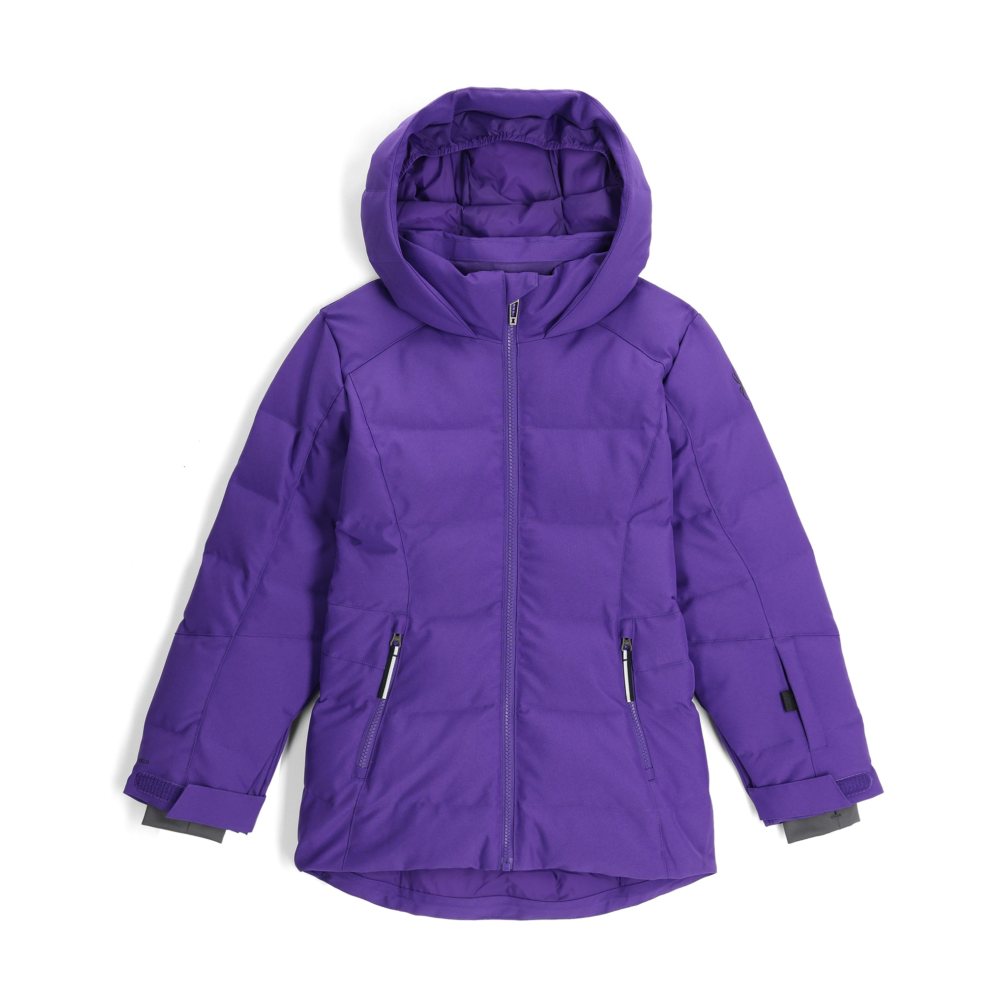Spyder Girls' Zadie Synthetic Down Jacket 2025 - A purple jacket with a hood, featuring a zipper down the front and two zippered pockets on either side.