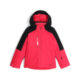 Spyder Girls' Mila Insulated Jacket - A pink jacket with a black hood and white trim on the pockets.