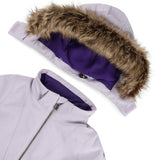 Spyder Girls' Lola Insulated Jacket 2025 - A light purple jacket with a fur-lined hood and zipper closure.