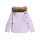 Spyder Girls' Lola Insulated Jacket 2025 - A light purple jacket with a fur-lined hood and a logo on the left chest.
