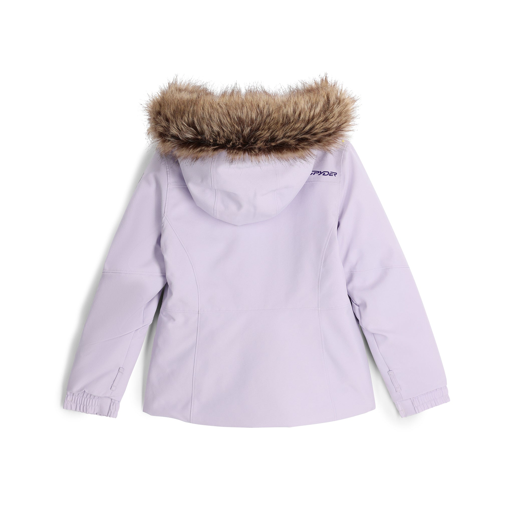 Spyder Girls' Lola Insulated Jacket 2025 - A light purple jacket with a fur-lined hood and a logo on the left chest.