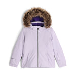 Spyder Girls' Lola Insulated Jacket 2025 - A light purple jacket with a fur-lined hood and white accents on the shoulders and chest.