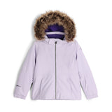 Spyder Girls' Lola Insulated Jacket 2025 - A light purple jacket with a fur-lined hood and white accents on the shoulders and chest.