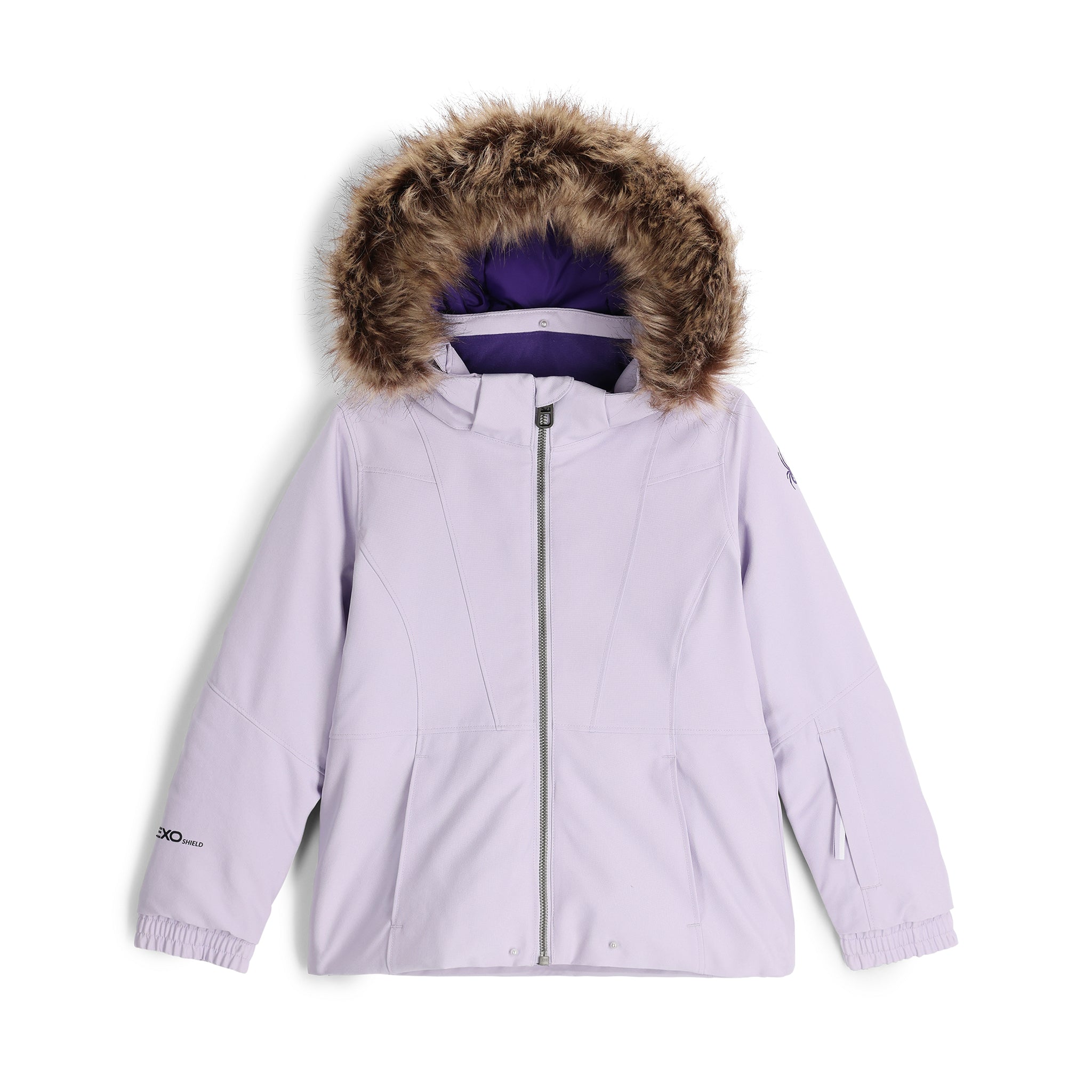 Spyder Girls' Lola Insulated Jacket 2025 - A light purple jacket with a fur-lined hood and white accents on the shoulders and chest.