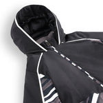 Spyder Youth Conquer Insulated Jacket 2025 - A black jacket with a hood, featuring white trim and a zipper down the front.