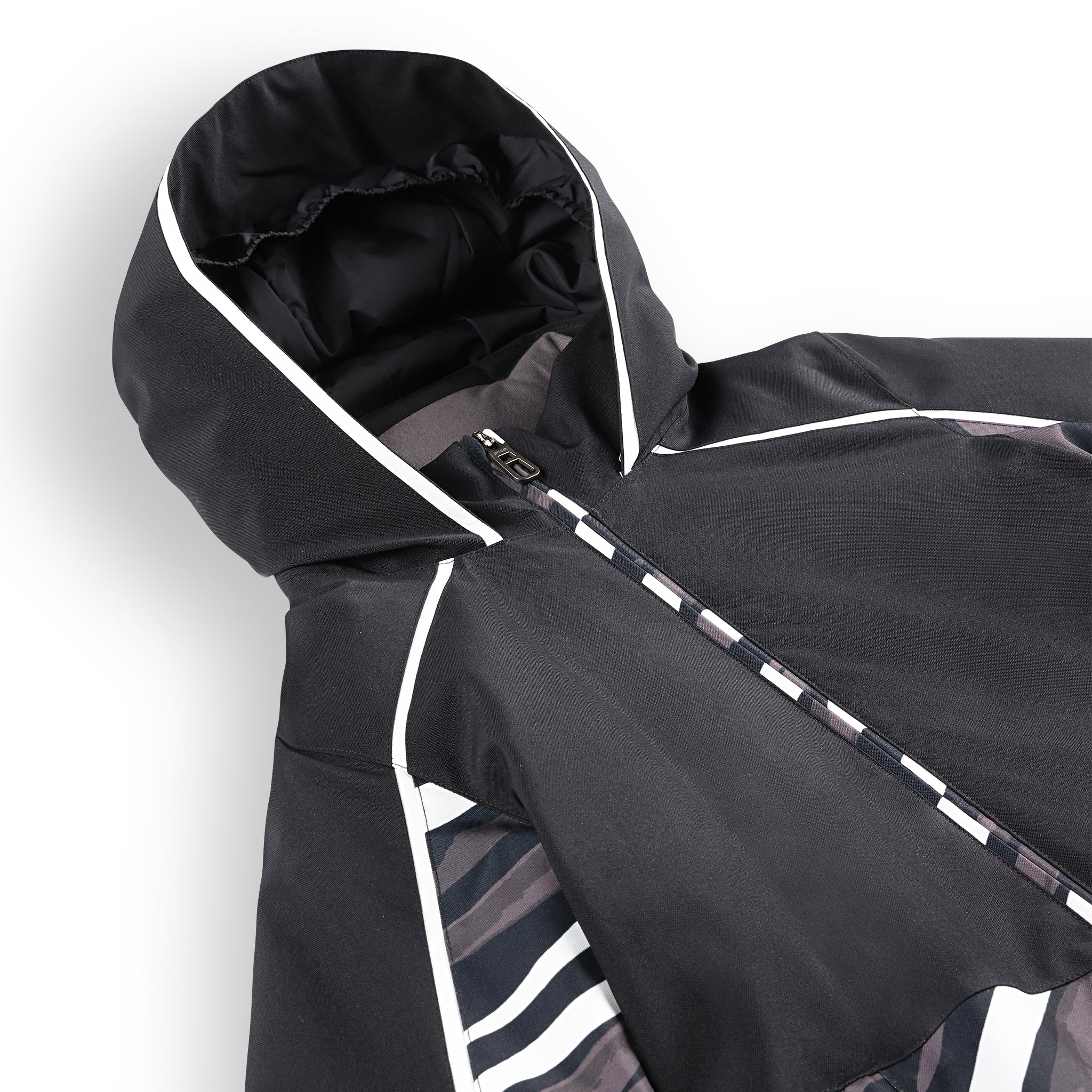 Spyder Youth Conquer Insulated Jacket 2025 - A black jacket with a hood, featuring white trim and a zipper down the front.
