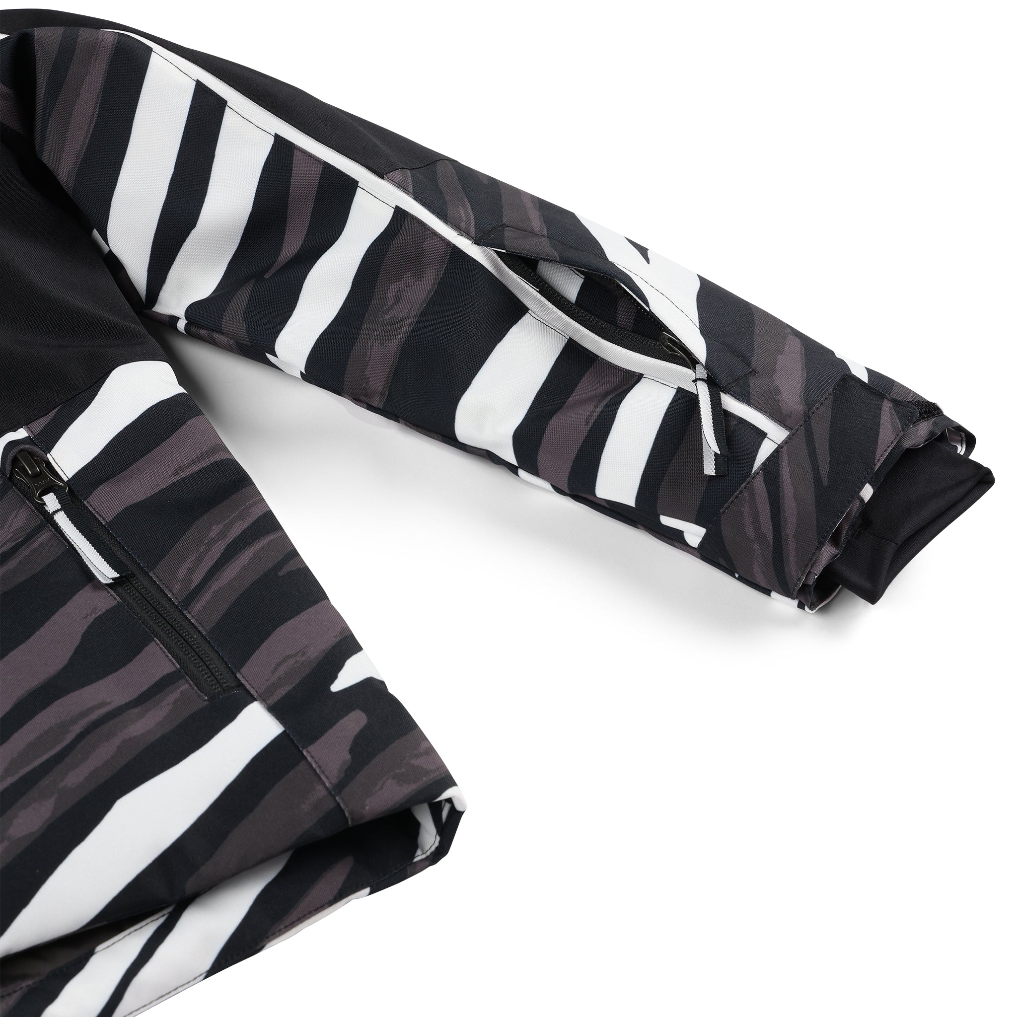 Spyder Youth Conquer Insulated Jacket 2025 - A black and white youth jacket with a zebra-like pattern, featuring a zipper closure on the front.