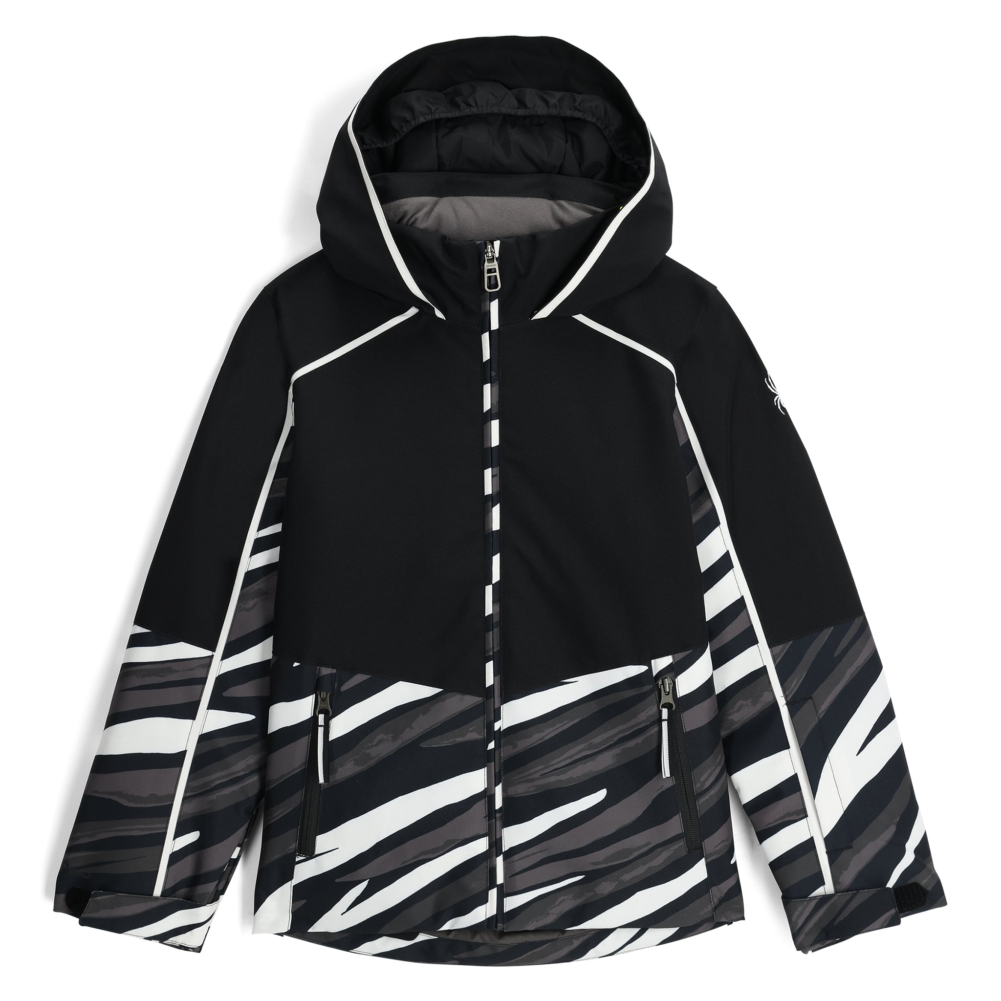 Spyder Youth Conquer Insulated Jacket 2025 - A black jacket with a white logo on the left chest and a zipper down the front.