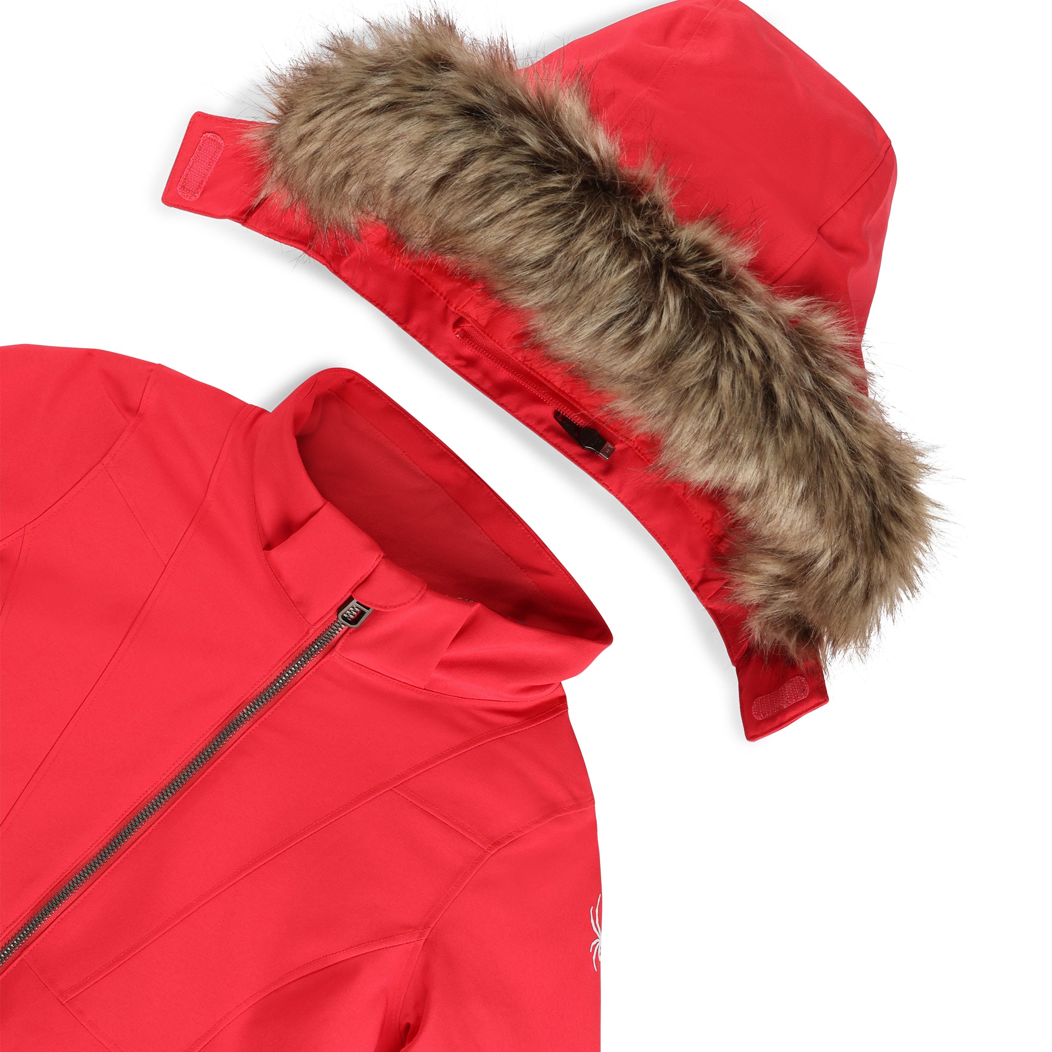 Spyder Girls' Lola Insulated Jacket - A red jacket with a fur-lined hood and black zipper.