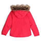 Spyder Girls' Lola Insulated Jacket 2025 - A bright pink jacket with a fur-lined hood and white logo on the left chest.