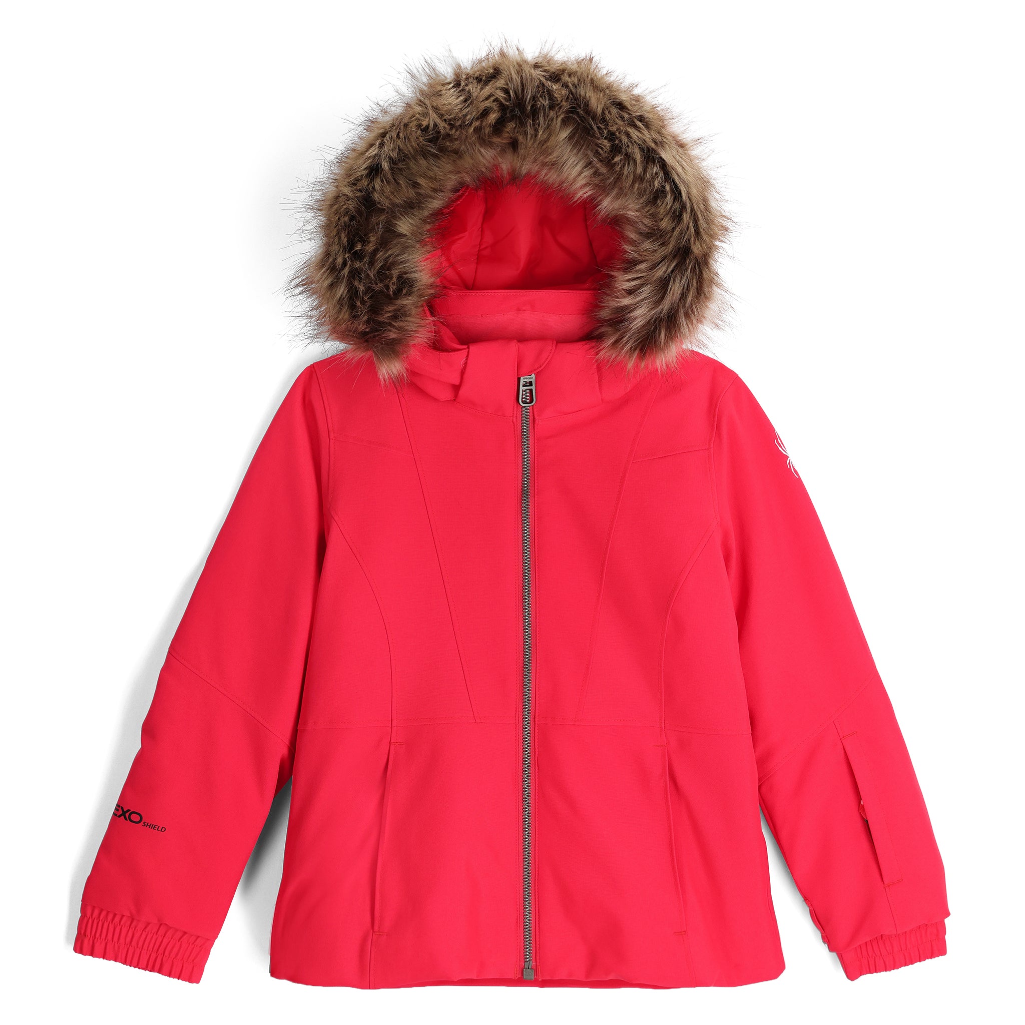 Spyder Girls' Lola Insulated Jacket 2025 - A bright pink jacket with a fur-lined hood and white logo on the left sleeve.