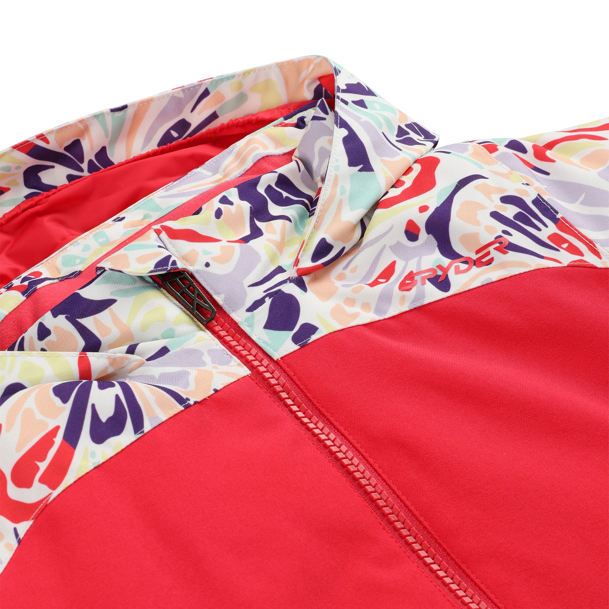 Spyder Youth Conquer Insulated Jacket 2025 - A white jacket with a colorful abstract pattern and purple, red, and yellow accents.