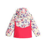 Spyder Youth Conquer Insulated Jacket 2025 - A white jacket with a red and purple abstract pattern, featuring a hood and zippered pockets.