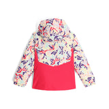 Spyder Youth Conquer Insulated Jacket 2025 - A white jacket with a red and purple abstract pattern, featuring a hood and zippered pockets.