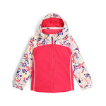 Spyder Youth Conquer Insulated Jacket 2025 - A vibrant, multicolored ski jacket with a bold floral pattern on the sleeves and hood, featuring purple, red, yellow, green, and white hues.