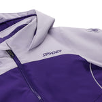 Spyder Youth Conquer Insulated Jacket 2025 - A purple and white jacket with a zipper down the front, featuring a spider logo on the left shoulder.