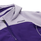 Spyder Youth Conquer Insulated Jacket 2025 - A purple and white jacket with a zipper down the front, featuring a spider logo on the left shoulder.