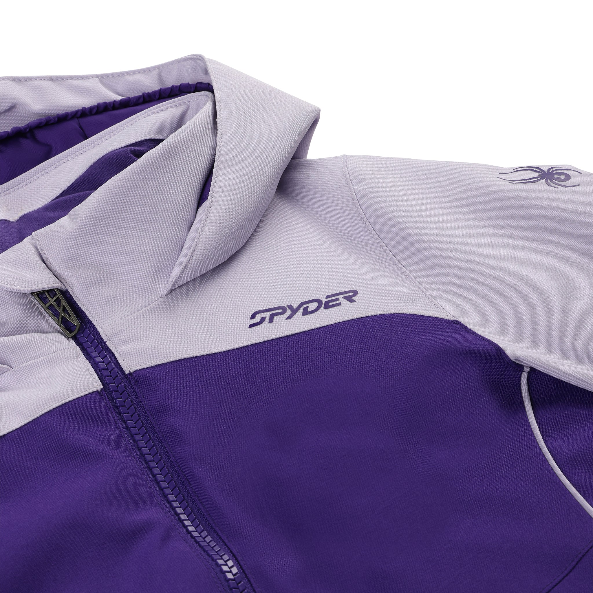 Spyder Youth Conquer Insulated Jacket 2025 - A purple and white jacket with a zipper down the front, featuring a spider logo on the left shoulder.
