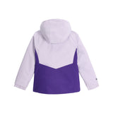 Spyder Youth Conquer Insulated Jacket 2025 - A purple and white youth jacket with a hood, featuring a geometric pattern on the chest and sleeves.