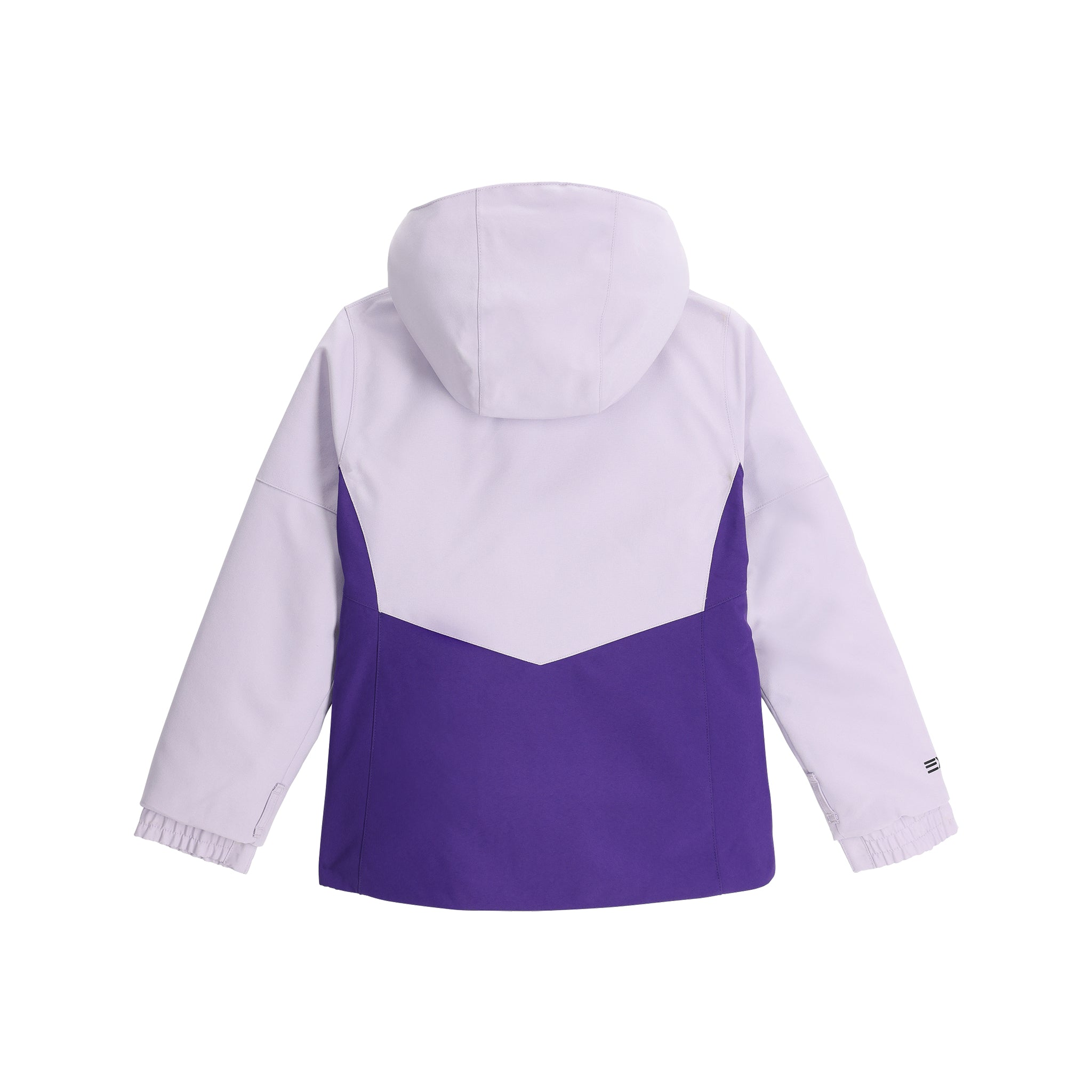 Spyder Youth Conquer Insulated Jacket 2025 - A purple and white youth jacket with a hood, featuring a geometric pattern on the chest and sleeves.