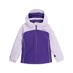 Spyder Youth Conquer Insulated Jacket 2025 - A purple and white jacket with a hood, featuring a zipper down the front.