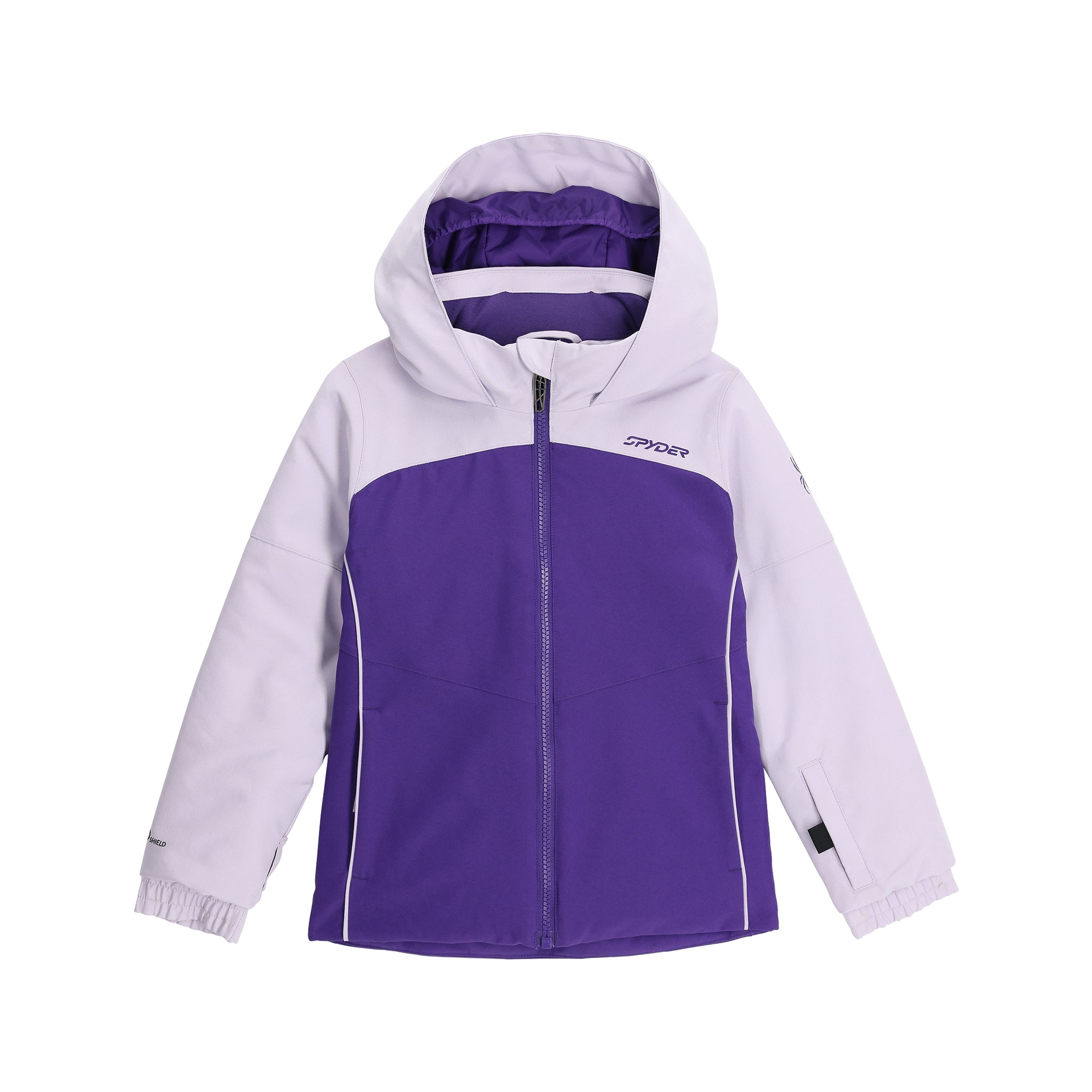 Spyder Youth Conquer Insulated Jacket 2025 - A purple and white jacket with a hood, featuring a zipper down the front.