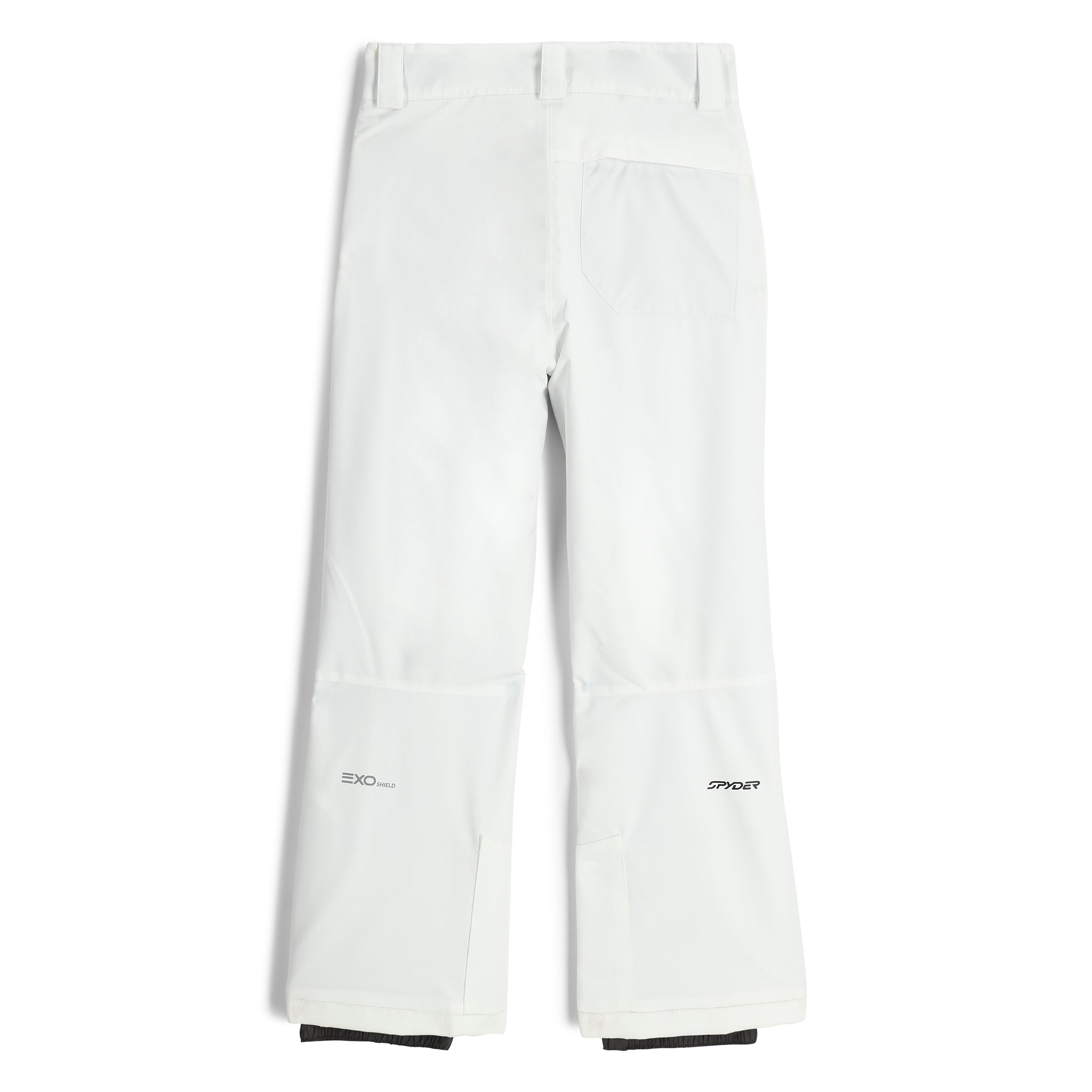 Spyder Junior Girls' Revel Insulated Pants 2025 - White snow pants with black logo on left leg and right thigh, featuring a subtle pattern of small white dots.