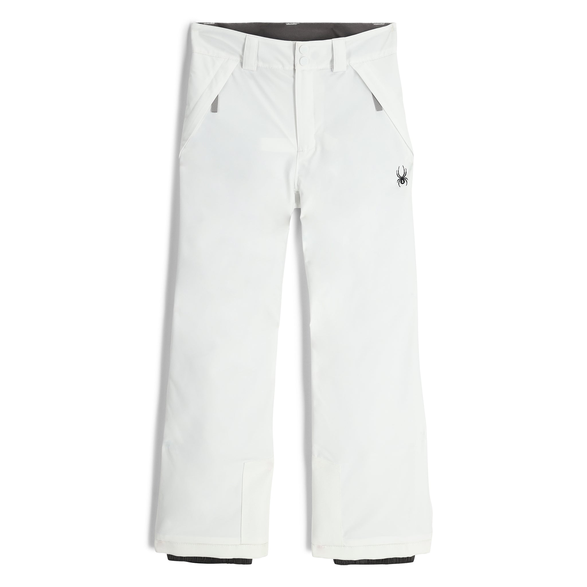 Spyder Junior Girls' Revel Insulated Pants 2025 - White snow pants with a black logo on the left thigh and two zippered pockets on the side.