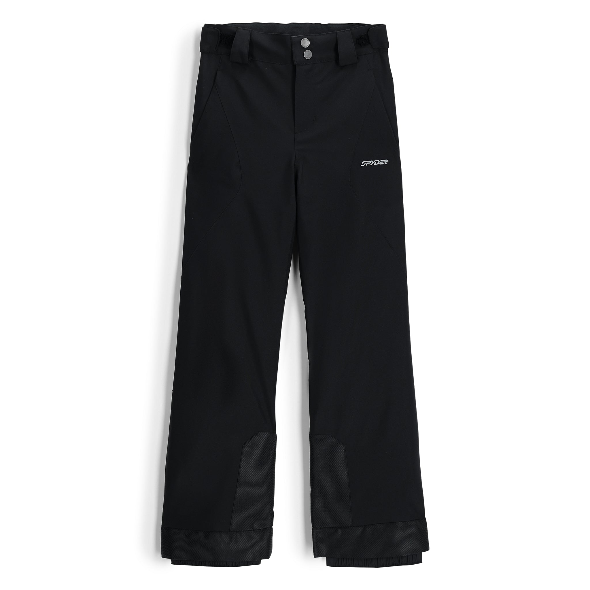 Spyder Girls' Olympia Insulated Pant 2025 - Black ski pants with a subtle pattern of thin white lines on the left leg.