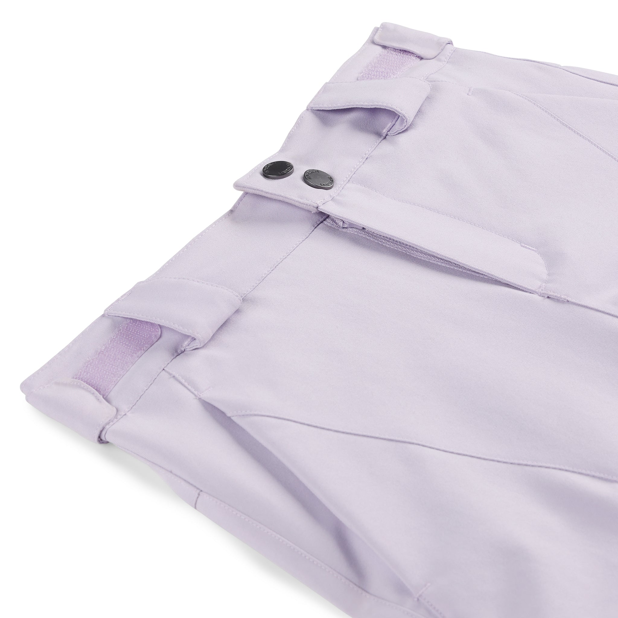 Spyder Girls' Olympia Insulated Pant 2025 - Light purple ski pants with a subtle pattern of darker purple lines and a textured snowflake design on the left leg.