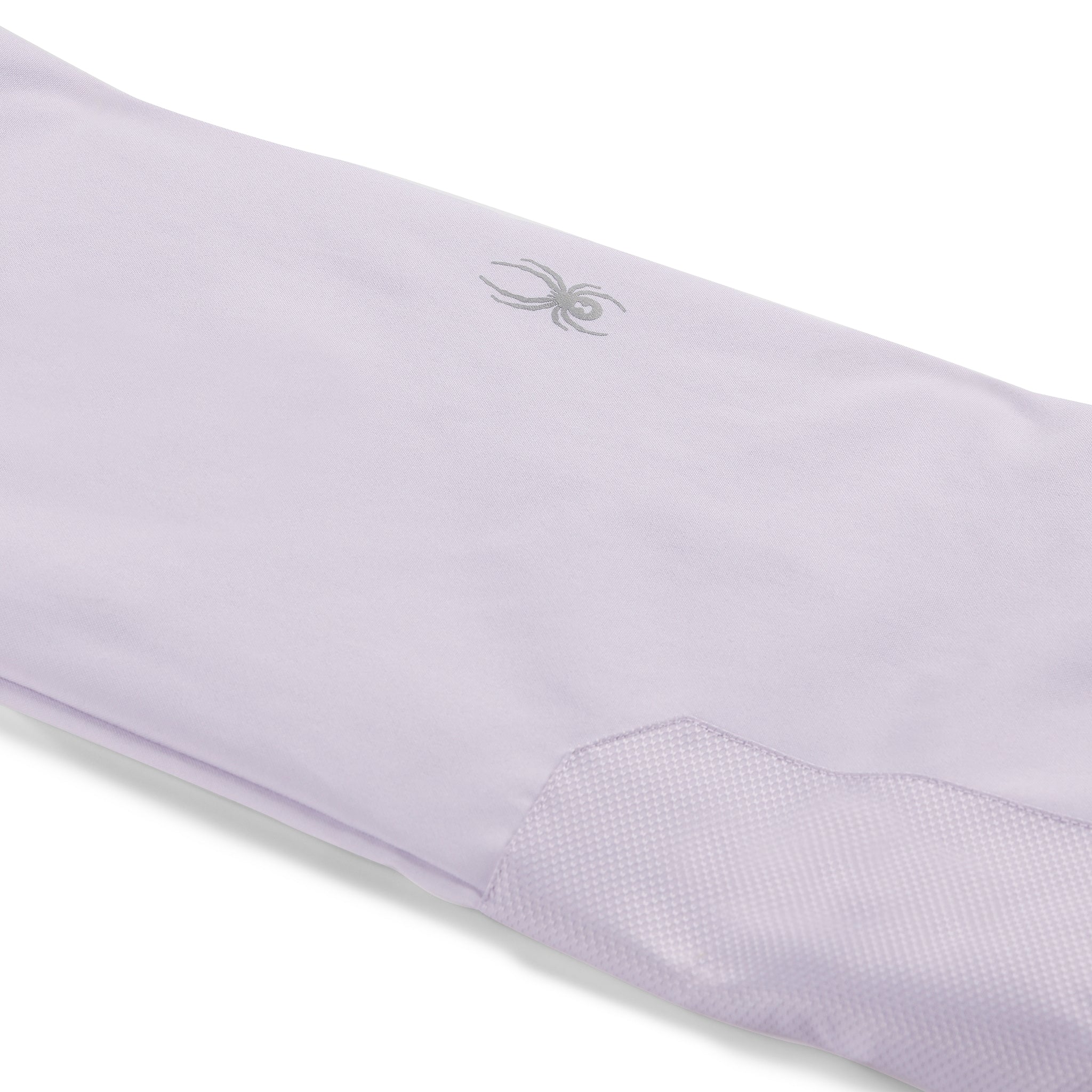 Spyder Girls' Olympia Insulated Pant 2025 - A pair of light purple ski pants with a small embroidered spider logo on the left thigh, featuring a subtle pattern of darker purple lines and a textured fabric at the bottom.