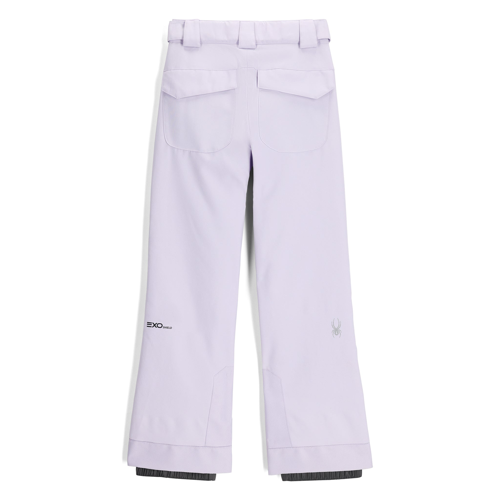 Spyder Girls' Olympia Insulated Pant 2025 - A pair of light purple ski pants with a subtle pattern and two zippered pockets on the back.
