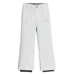 Spyder Girls' Olympia Insulated Pant 2025 - White snow pants with diagonal side panels and a Spyder logo on the left thigh.