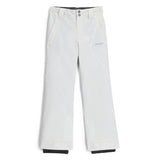 Spyder Girls' Olympia Insulated Pant 2025 - White snow pants with diagonal side panels and a Spyder logo on the left thigh.