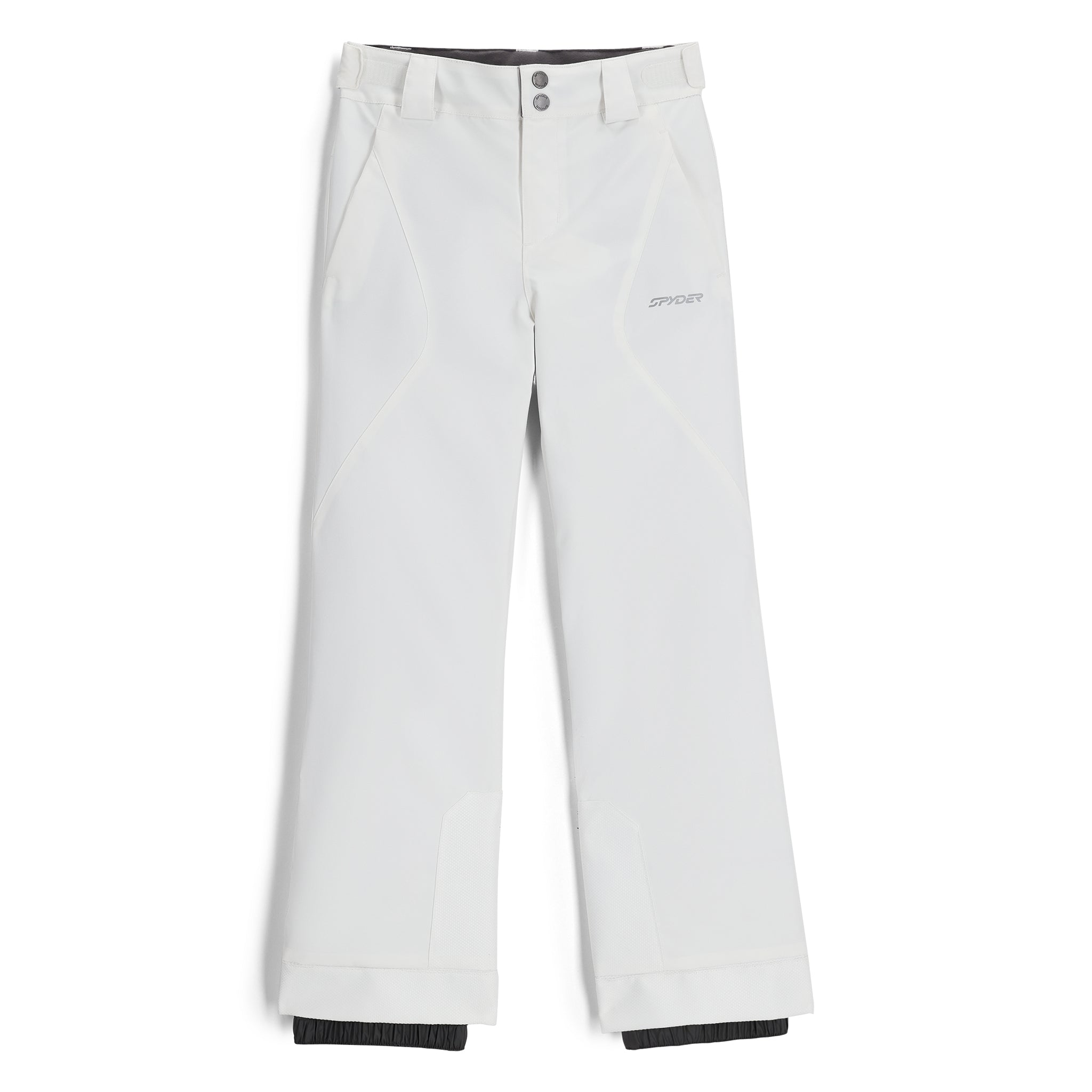 Spyder Girls' Olympia Insulated Pant 2025 - White snow pants with diagonal side panels and a Spyder logo on the left thigh.
