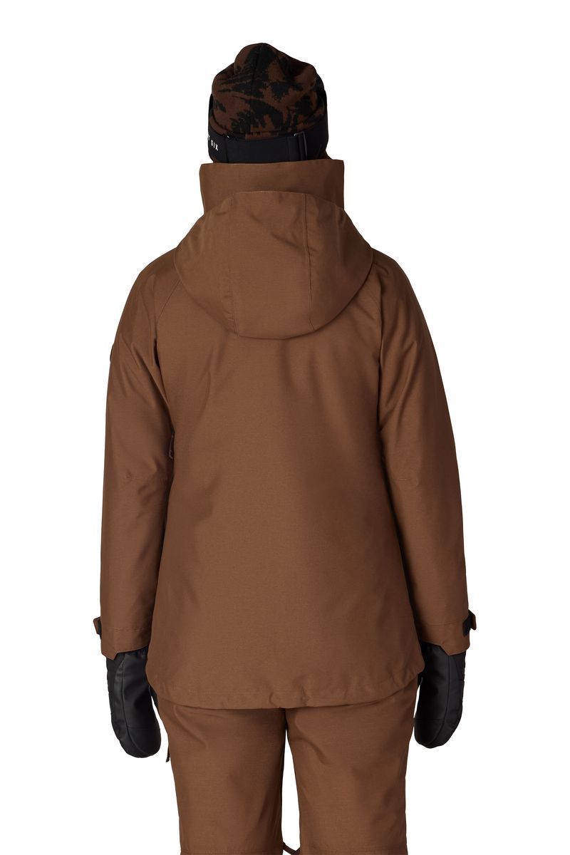 Women's 3-in-1 jacket in dark brown, back view with hood and long sleeves
