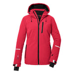 Killtec Women's KSW 81 Insulated Jacket - A red jacket with a hood, featuring black zippers and reflective strips on the sleeves.