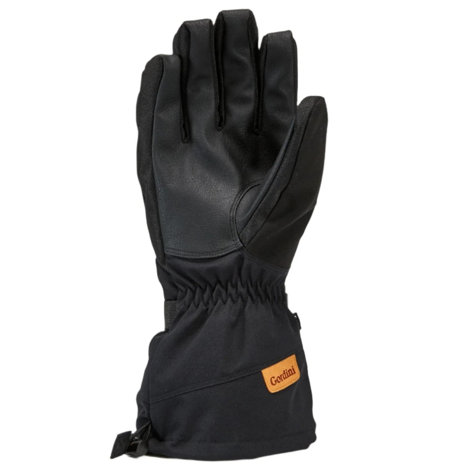 Gordini Women's Stomp Glove - A black glove with a brown logo on the wrist strap and a small, round, silver metal rivet at the top of the cuff.