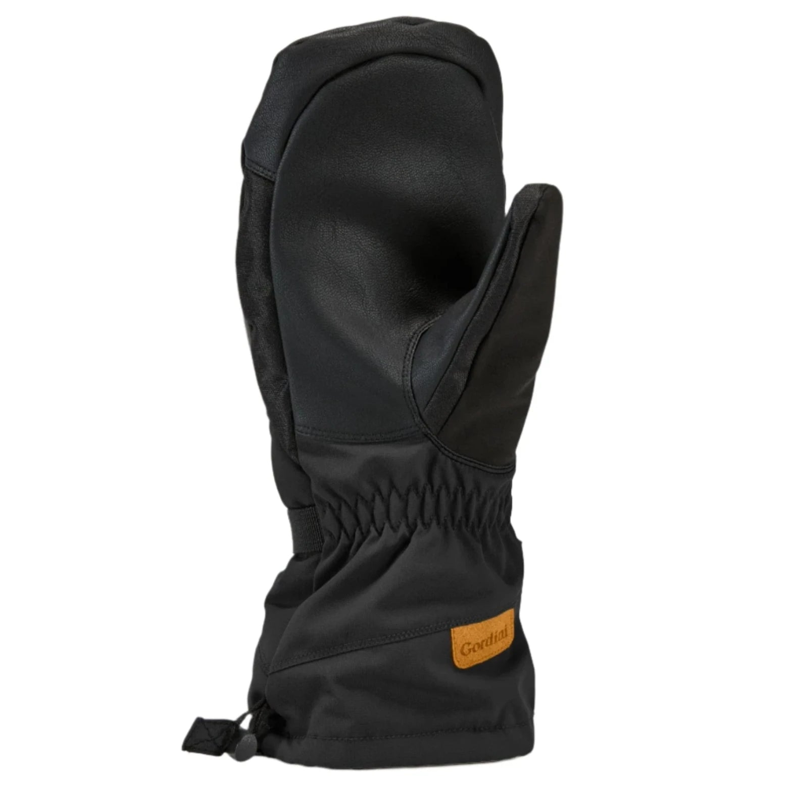 Gordini Women's Stomp Mitt - A black mitt with a brown leather patch on the wrist and a drawstring at the cuff.
